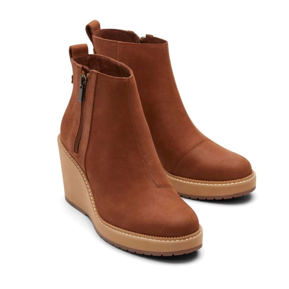 Toms Raven Wedge Ankle Boots Womens 7 Brown Leather Zip Up Excellent